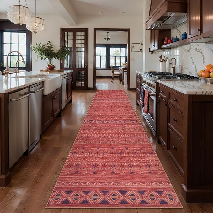 SERISSA Hallway Runner Rug, 2'6"x8' Washable Non-Slip Red Ochre Boho Rug, Soft Low-Pile Geometric Indoor Long Carpet for Kitchen Laundry Room Bathroom Bedroom Entryway