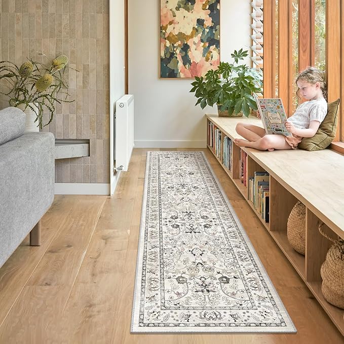 LOKHOM Washable Runner Rug, 2x8 Non-Slip Vintage Hallway Runner Rug with Rubber Backing, Boho Floral Soft Faux Wool Kitchen Rug Carpet Runner for Laundry Entryway Bedroom (Cream White)