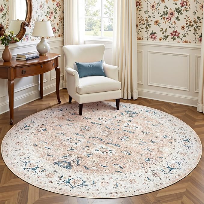 jinchan Round Rug 7ft Area Rug - Washable Boho Vintage Floral Circle 7' Round Floor Cover Lightweight Low Pile Thin Throw Non-Slip Carpet for Kitchen Living Room Bedroom Dining Room Office Pink Blush