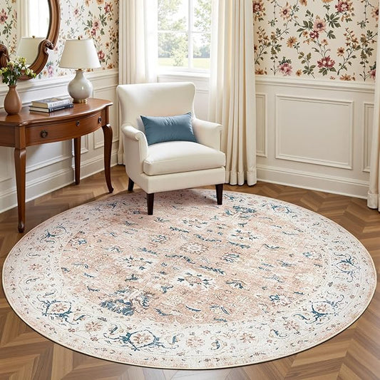jinchan Round Rug 7ft Area Rug - Washable Boho Vintage Floral Circle 7' Round Floor Cover Lightweight Low Pile Thin Throw Non-Slip Carpet for Kitchen Living Room Bedroom Dining Room Office Pink Blush