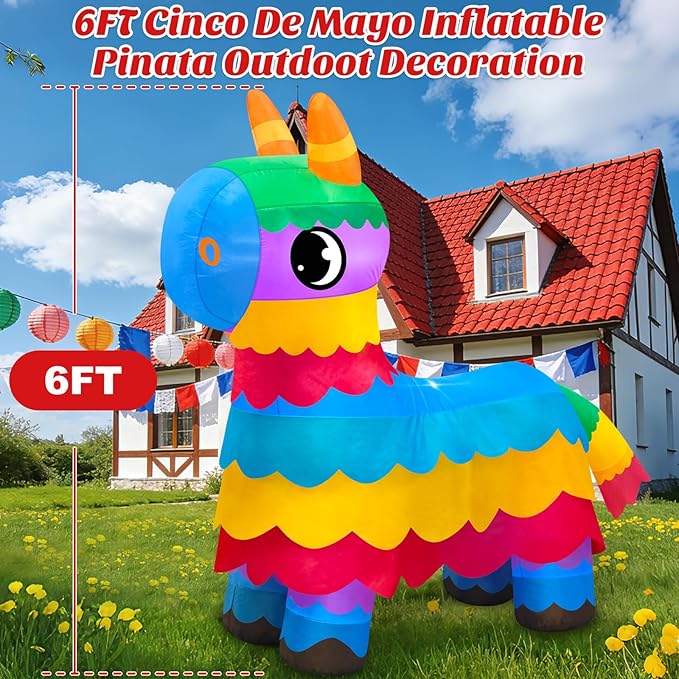 MICOCAH 6FT Cinco De Mayo Inflatable Outdoor Decoration Cute Blow Up Donkey Pinata with LED Lights, May 5 Mexican Fiesta Party Decor for Yard Garden Lawn Indoor Holiday