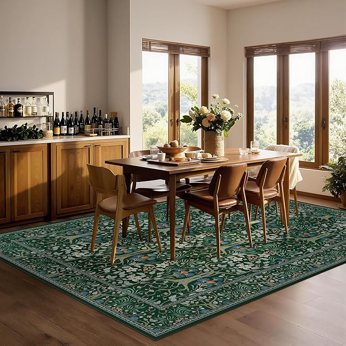 Joydeco Floral Washable 6x9 Area Rugs, Soft Vintage Rug for Bedroom Living Room Ultra-Thin Non Slip, Boho Stain Resistant Indoor Floor Throw Carpet for Home Office, Dark Green
