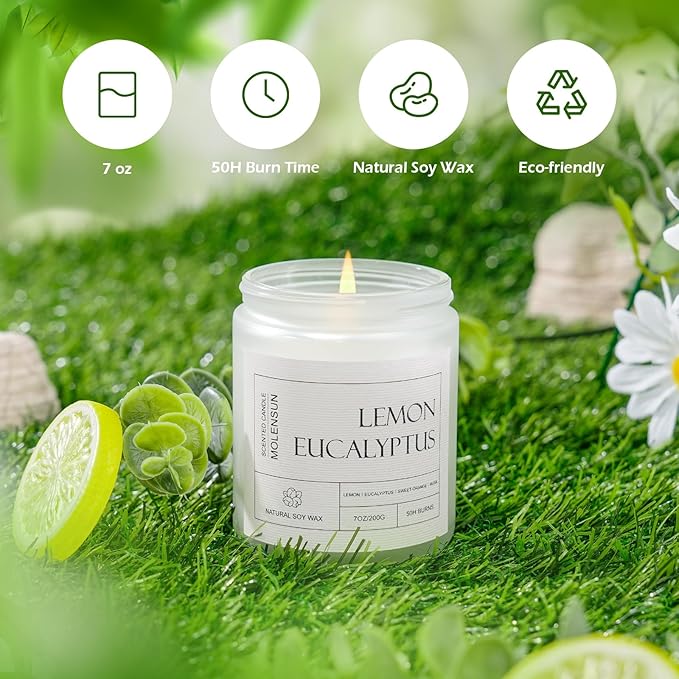 Lemon Eucalyptus Scented Candles, Aromatherapy Jar Candle, 7 oz Long Lasting Candles, Soy Wax Candle Gift for Women