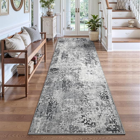 2x8 Grey Rug Runners for Hallways Kitchen Runner Rug Non Slip Washable Black Long Runner Rugs with Rubber Backing Soft Abstract Carpet Runner for Bedroom, Kitchen, Bathroom, Entryway