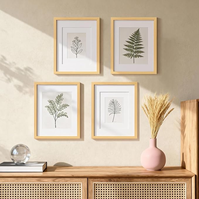 Egofine 11x14 Picture Frames Natural Wood 2 PCS Made of Solid Wood Covered by Plexiglass - for Table Top and Wall Mounting for Pictures 8x10 or 5x7 with Mat Horizontally or Vertically Display Photo