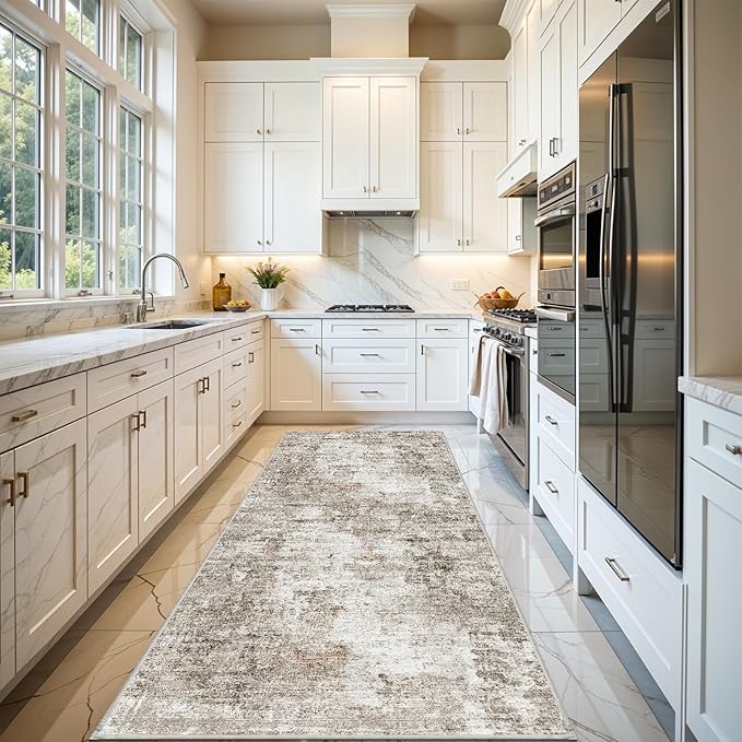 4x12 Wide Hallway Runner Rug – Non-Slip Washable Rubber-Backed Large Carpet Runner for Kitchen, Entryway, Bathroom, Modern Abstract Low-Pile Thin Floor Mat for Living Room, Dining Room (Beige Grey)