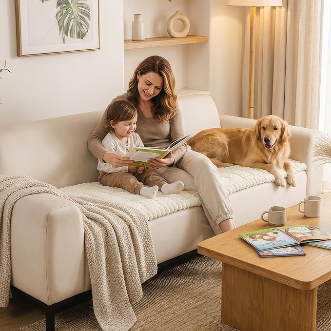 Smiry Non Slip Couch Covers for Dogs, Fuzzy Pet Couch Covers for 3 Cushion Sofa Pet Friendly, Soft Sofa Slipcovers Cushion Furniture Protector Washable (Beige, 27.6" x 82.7")