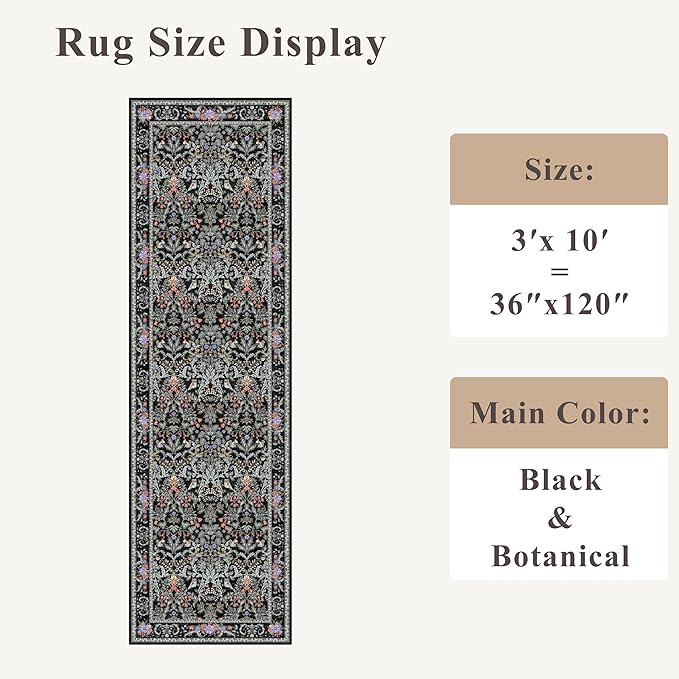 3x10 Botanical Hallway Runner Rug - Non-Slip Washable Long Kitchen Entryway Carpet Runner with Rubber Backing, Boho Floral Soft Low Pile Stain-Resistant (Vibrant Black)