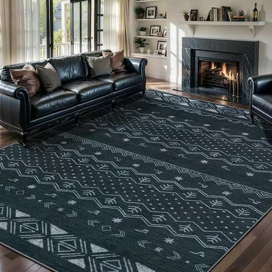 SERISSA 6x9 Area Rugs for Living Room, Washable Non-Slip Grey Boho Rug, Soft Low-Pile Geometric Indoor Large Carpet for Dining Room Bedroom Home Office Playroom