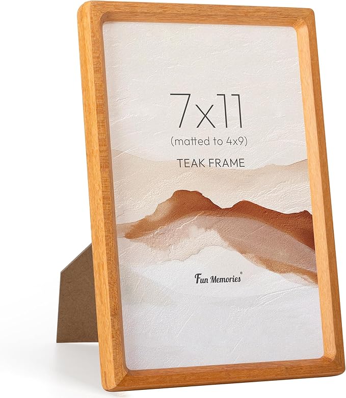 Fun Memories 7x11 Picture Frame, USA-Sourced Teak Wood Photo Frames with HD Tempered Glass, Handcrafted Rounded Corner 7 x 11 Wooden Frame Matted to 4x9 Photos, 7x11 Frames, Tabletop or Wall Display