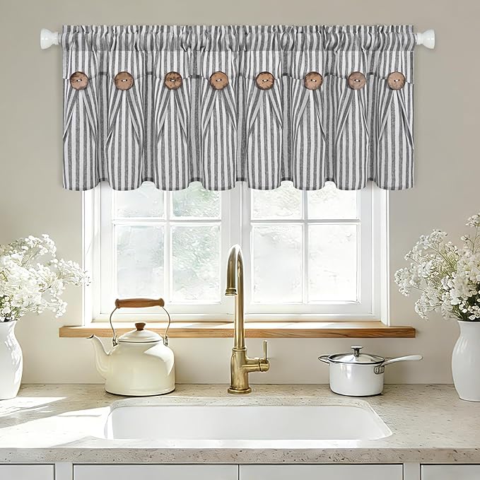 ASPMIZ Farmhouse Valances for Windows, Cotton Linen Kitchen Curtains Valances with Rustic Buttons, Grey Striped Window Valance for Living Room, Boho Valance Curtains for Bathroom, 52 x 18 Inches