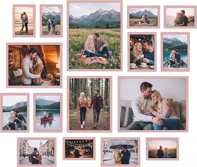 Giftgarden 16 Pack Picture Frames for Multi Sizes Photos, Assorted Frame Set Including 2pcs 11x14, 2pcs 8x10, 6pcs 5x7, 6pcs 4x6, Gallery Collage Frame for Wall or Tabletop Display, Pink