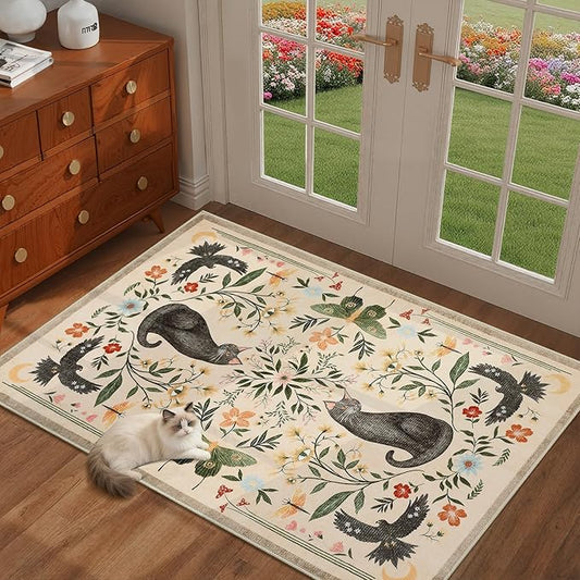 GarveeHome Cat Entryway Rug, 2x3 Mushroom Insect Beige Washable Front Door Rug Indoor Entrance Floral Carpet Non-Slip Low Pile Throw Rugs for Kitchen Floor, Powder Room, Entry, Bathroom, Kids Room
