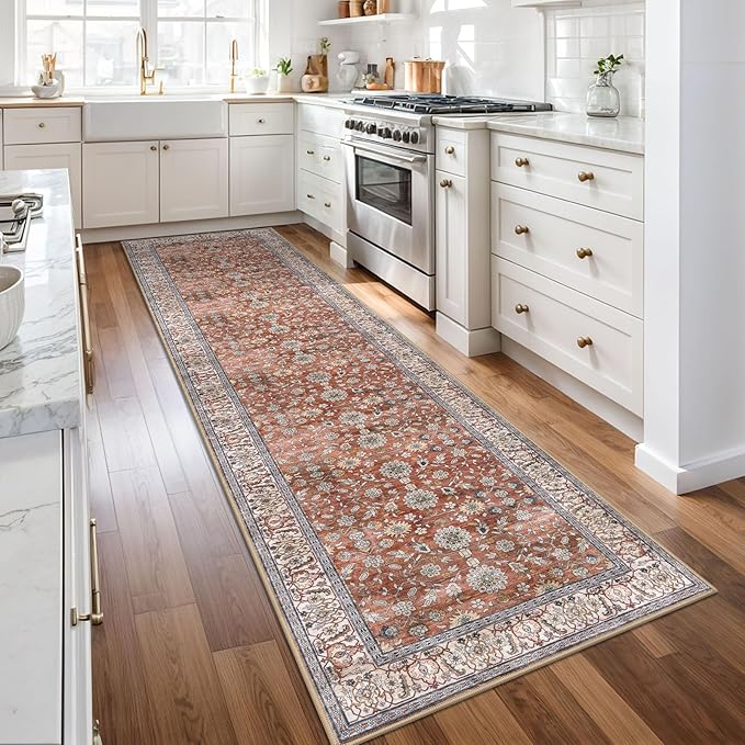 KUTA Vintage Washable Runner Rug, 2.6x10 Red Clay Runners for Hallways Non-Slip Kitchen Rugs Ultra Thin Soft Printed Distressed Oriental Floral Floor Carpet for Laundry Bedroom Living Room Nursery