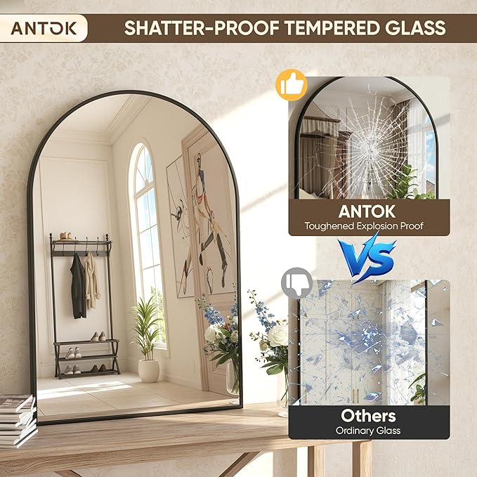 Antok Arched Bathroom Mirror, 30"x40" Wall Mounted Mirror, Vanity Mirrors for Over Sink, Aluminum Alloy Frame Bathroom Mirrors Living Room, Bedroom and Entryway, Black