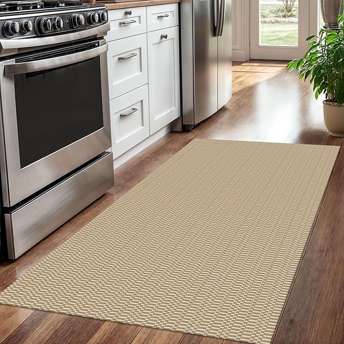KOZYFLY Washable Entryway Rug 3x5 Ft Area Rugs Cotton Rubber Backed Throw Rugs Indoor Door Mat Kitchen Rugs Braided Floor Carpet for Front Entrance Bathroom Kitchen Living Room, Sand/Ivory
