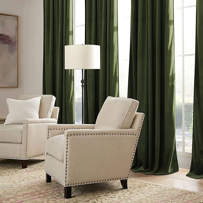RYB HOME Green Velvet Curtains 96 inch, Solid Room Darkening Window Curtains for Living Room Light & Draft Block Privacy Backdrop with Pleat Tape Pocket& Tabs, Olive Green, W52 x L96 inch, 2 Panels
