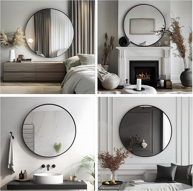 Sunniry Small Round Mirror, 16 inch Round Mirror, Circle Black Mirrors, Metal Frame Circle Mirrors for Bathroom, Bedroom, Vanity, Wall Decor.