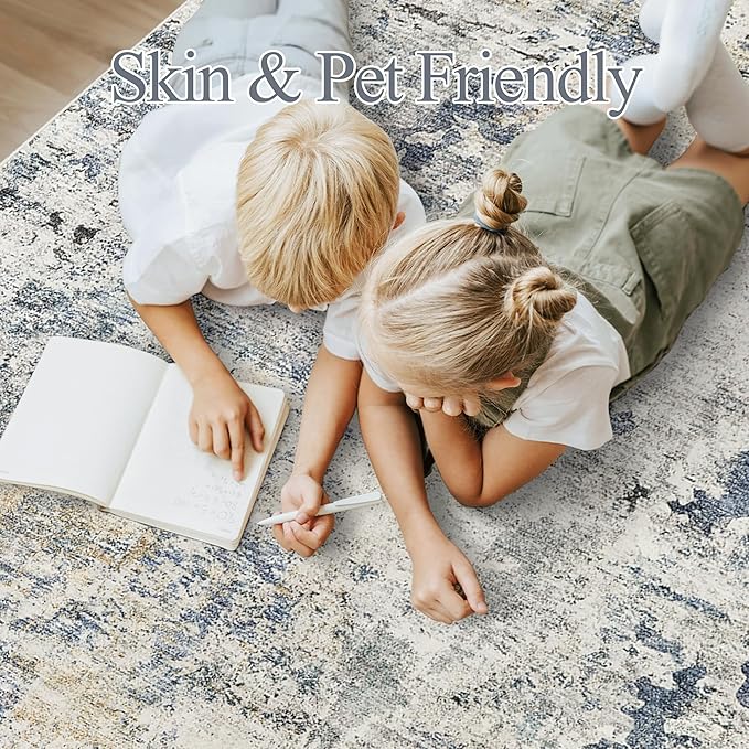 Soalmost Abstract Rug 5x7 Machine Washable Area Indoor Blue Yellow Low Pile Non-Slip Foldable Thin Accent Rugs for Bedroom Living Room Dining Room