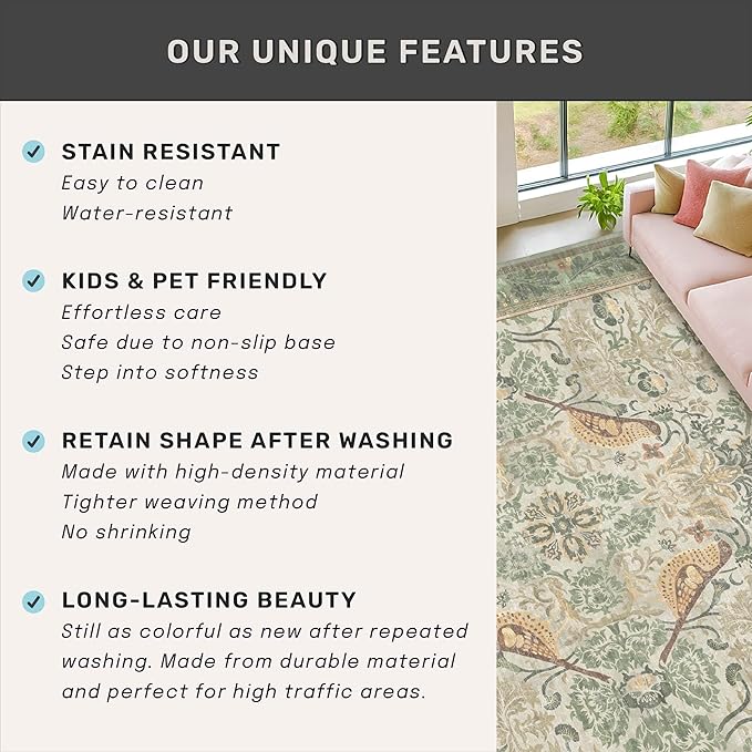 Hazo Haus Washable Sage Green Area Rugs 5x7 for Living Room, Bedroom Bedside, Dining Room, Office, Muted Cream Green Non Slip Stain Resistant Low Pile Botanical Floral Bird French Country Decor