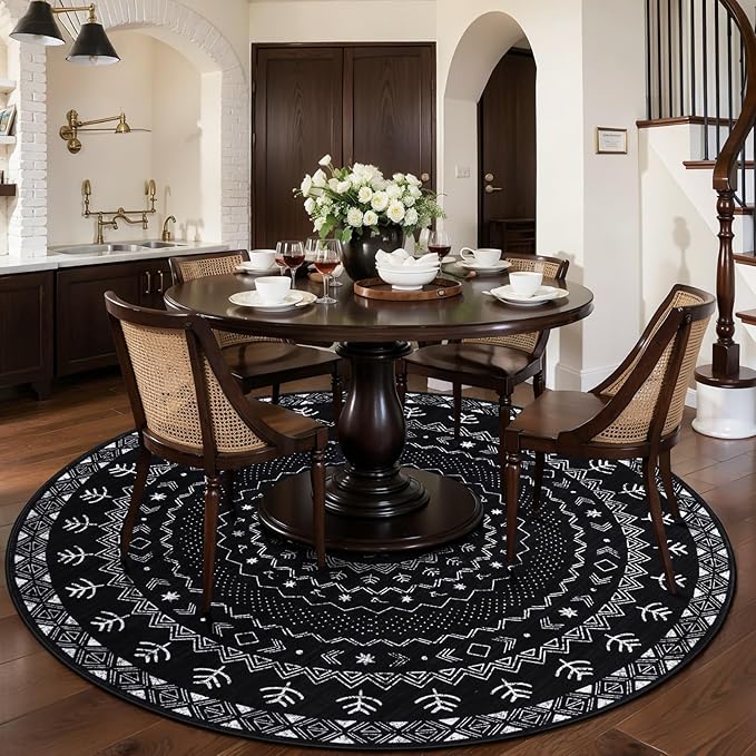 SERISSA Round Area Rug, 6ft Washable Non-Slip Black and White Boho Circle Rug, Soft Low-Pile Geometric Indoor Large Circular Carpet for Bedroom Entryway Living Room Dining Room