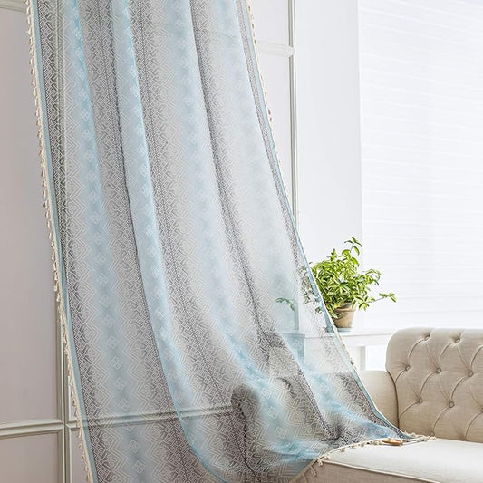 Turquoise Geometric Sheer Curtains 72 inch Long, Fringed Edges and Textured Semi Sheer Curtains Large Window Treatments for Living Room/Bedroom, 2 Panels