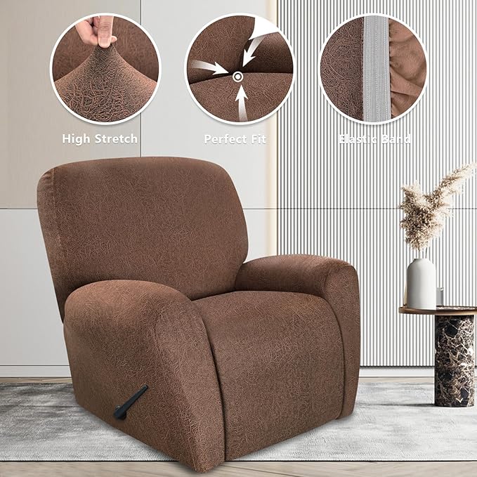 ANARACHON Recliner Chair Covers Leather Look, 4 Pieces Recliner Covers Non Slip, Soft Slipcovers for Large Recliners, Furniture Protector Washable for Pets (1 Seater, 05 Brown)