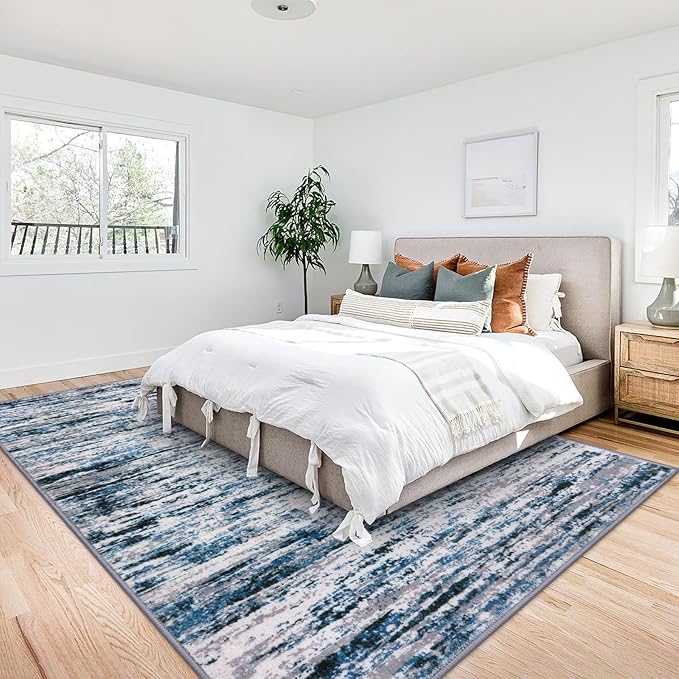 Lansny Modern Abstract 9x12 Large Machine Washable Living Room Rug Non-Slip Soft Bedroom Area Rug Grey Blue White Thin Print Faux Wool Carpet Throw Rugs for Nursery Playroom Dining Room Indoor