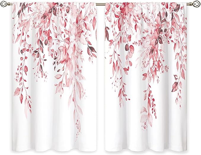 Pink Eucalyptus Botanical Leaves Floral Kitchen Window Curtains Over Sink Farmhouse Flower Leaf Small Window Treatment Cafe Short Curtains for Bathroom Treatment Tier Drapes 27.5x39 inch
