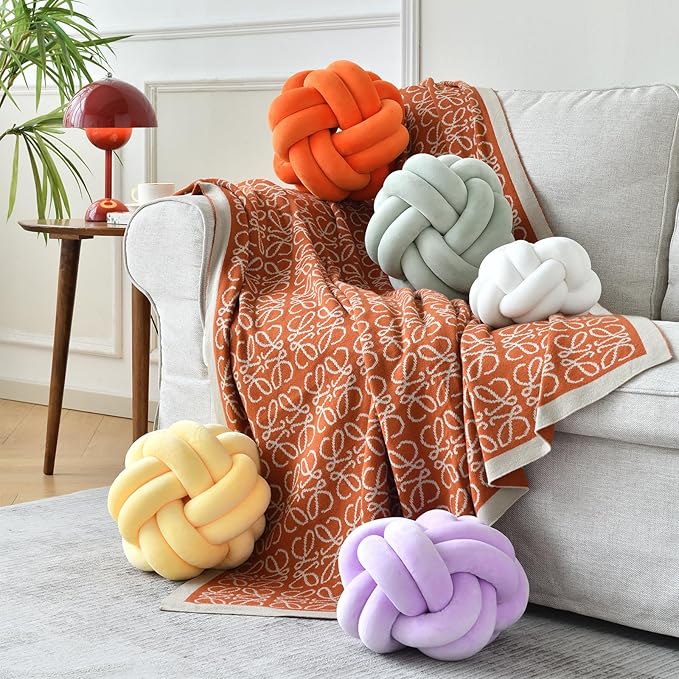 Knot Ball Pillow, Round Decorative Throw Pillows Cushion, 8 Inch Orange Soft Plush Knotted Pillows Pillow, Modern Home Throw Knot Decorative Cushion