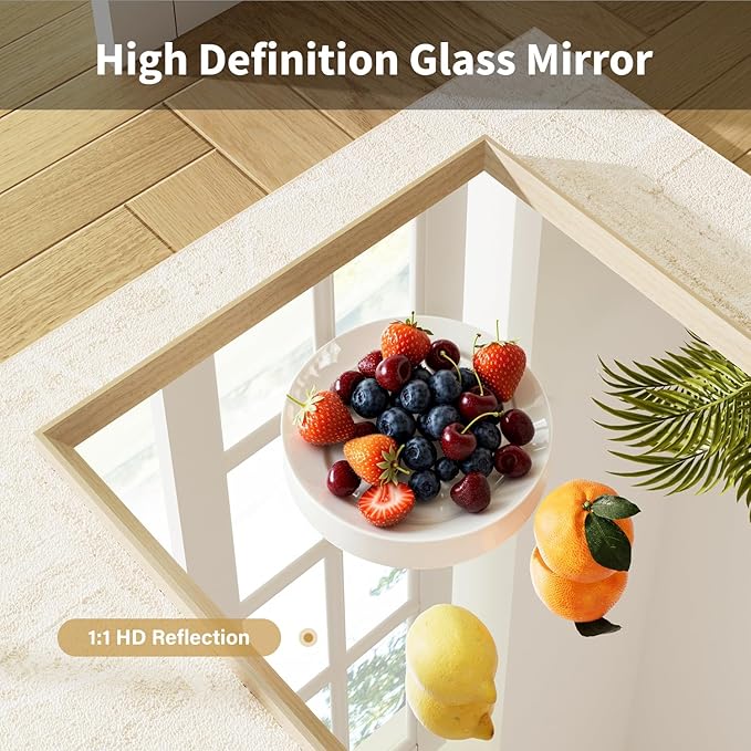 Oak Wood Effect Framed Wall Mirror, 24x36 Rectangle Mirror, Anti-desilvering Tempered Glass, Sustainable& Sturdy Frame, Farmhouse Mirror, Anti-Rust, 3min Fast Setup for Bathroom Living Room