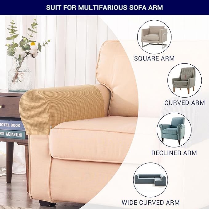 SUBRTEX Stretch Couch Arm Covers Set of 2, Checkered Sofa Arm Slipcovers, Anti-Slip Armrest Covers for Recliner and Armchairs, Pet Proof, High Stretchy, Hook & Loop Tape, Brown Khaki
