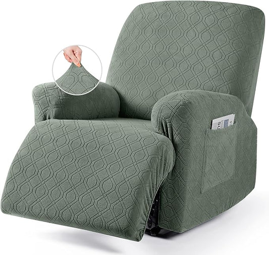 VANSOFY Oversized Recliner Chair Cover, 4-Pieces Stretch Recliner Covers for Recliner Chair Soft Reclining Chair Slipcover Jacquard Pattern Furniture Protector for Dogs Cats(Bean Green)