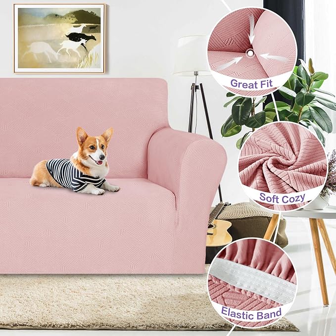 ZNSAYOTX Super Stretch Loveseat Covers (57"-70"), New Striped Love Seat Slipcover, Dogs Pet Friendly Anti-Slip Couch Protector Spandex Durable 2 Seater Fabric Sofa Cover (Rose, Loveseat)
