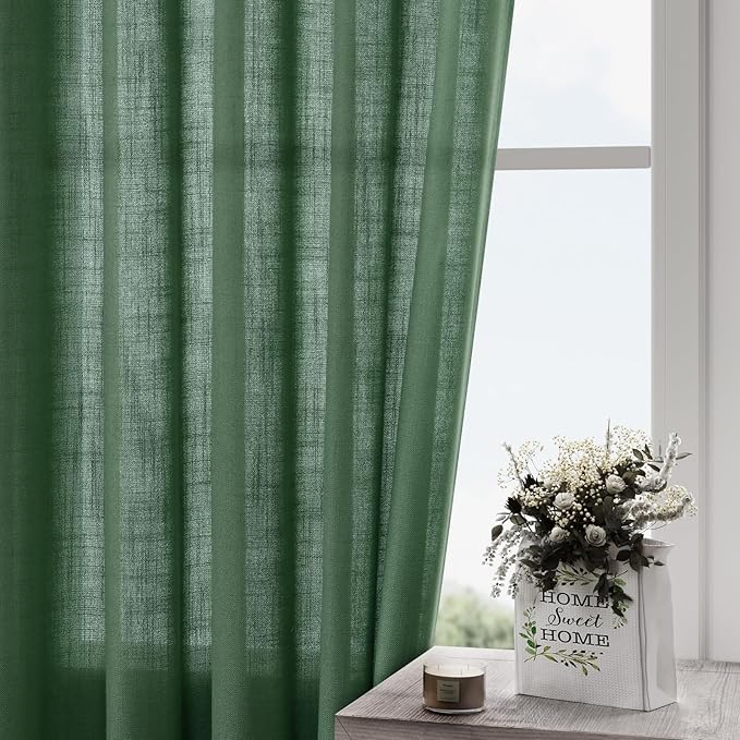 Nanspring Green Linen Curtains 63 Inches Length 2 Panels Set for Living Room Back Tab Pocket Modern Light Filtering Semi Sheer Drapes Cotton Linen Textured Green Window Curtain 52X63 Inches