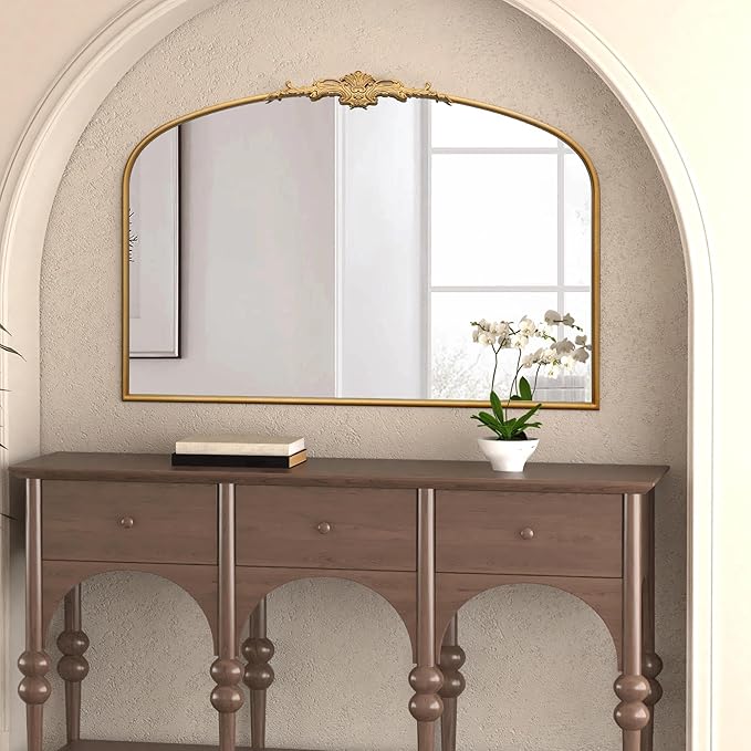 Besdomus Ornate Arched Large Mirror: 48"x33" French Oversize Vintage Vanity Wall Mounted Mirror - Baroque Decorative Traditional Antique for Fireplace/Bathroom/Living Room - Home Decor for Homemakers
