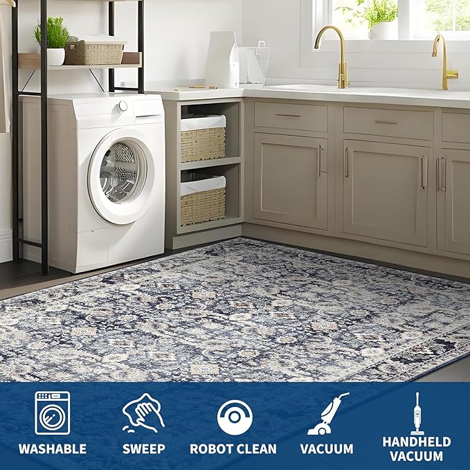 GarveeHome Washable Rugs for Living Room, Vintage Neutral Area Rug, Ultra Soft Low Pile Oriental Floral Carpet, Non Slip & Stain Resistant Retro Floor Mats for Home Decor