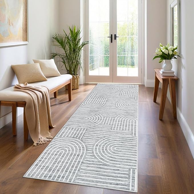 ROYHOME Modern Rug 2.5x10 Runners for Hallways, Abstract Kitchen Runner Rugs Non Slip Bath Mat, Rainbow Washable Runner Rug for Bedroom, Soft Long Rugs for Entryway Bathroom Laundry Dorm, Ash
