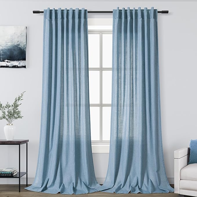 2 Panels Set Dusty Blue Linen Curtains 105 Inches Long for Living Room Extra Long Back Tab Curtains Neutral Farmhouse Light Filtering Semi Sheer Linen Drapes Ceiling to Floor for Large Window
