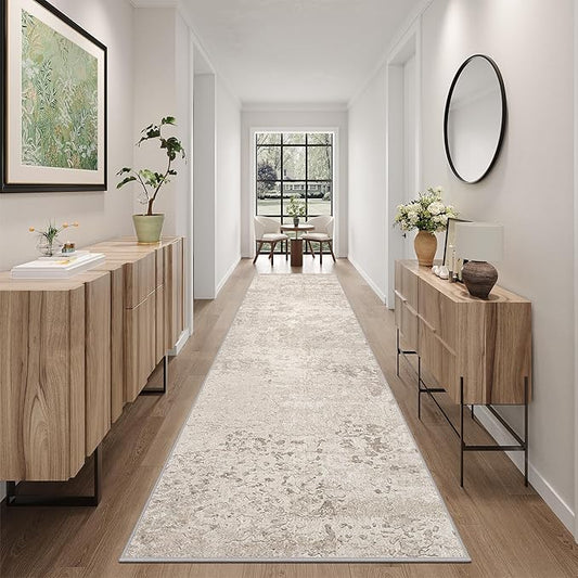 Art&Tuft Non-Slip Runner Rug - 2'6"x14' Runner Rug Washable Low-Pile Rugs Runners, Soft Distressed Carpet Runner for Bedroom Bathroom Kitchen Laundry Living Room, Beige