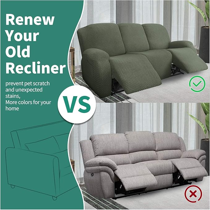 YEMYHOM 8 Pieces Stretch Recliner Sofa Cover Latest Jacquard Reclining Couch Cover with Side Pocket Anti-Slip Fitted 3 Cushion Furniture Slipcovers with Elastic Bottom (Large, Army Green)