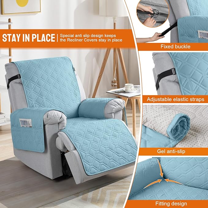 VANSOFY 100% Waterproof Recliner Chair Covers, Recliner Cover Non-Slip Dog Chair Cover Furniture Protector Washable Slipcover with Pocket, Elastic Straps for Pets, Dogs(Azuree, 20")