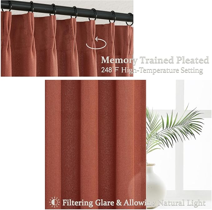 Rust Burnt Orange Fall Sheer Curtains 90 Inches Long for Bedroom 2 Panels Set, Pinch Pleated Flax Linen Light Filtering Decorative Windows Curtain with Hooks Dining Room Privacy Country Drape 7-1/2 FT