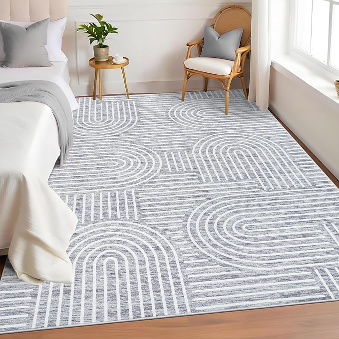 ROYHOME Washable Rug 4x6 Area Rugs for Living Room, Abstract Rug for Bedroom, Soft Rainbow Non Slip Throw Rugs with Rubber Back, Low Pile Stain Resistant Boho Geometric Carpet for Dining Room, Ash