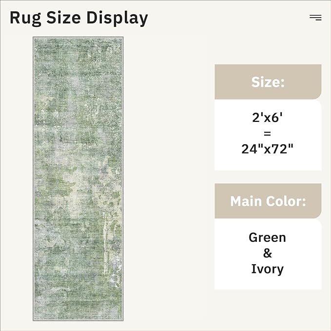 Soalmost Runner Rug 2x6 Washable Non-Slip Kitchen Runner Rugs for Bathroom Laundry Room Green/Ivory Vintage Floor Carpet Runners for Hallway Entryway