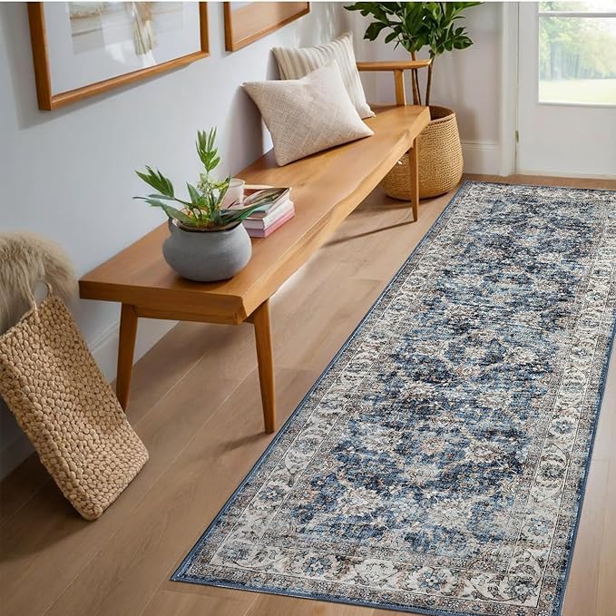 GarveeHome Washable Runner Rug 2.5x10 Entryway Rug, Low Pile Stain Resistant Vintage Floral Floor Carpet, Non Slip & Non Shedding Distressed Oriental Runners for Hallways, Bedrooms, Blue