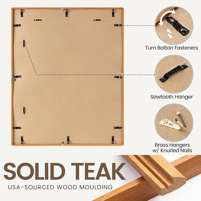 24x30 Poster Frame, USA-Sourced Teak Wood Picture Frame with HD Tempered Glass, Handcrafted Rounded Corner 24 x 30 Wooden Frames Matted to 18x24 Photos, Horizontal or Vertical Wall Display