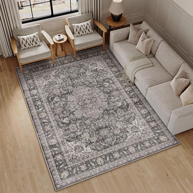9x12 Washable Area Rug Black Grey Vintage Non Slip Soft Medium Pile Rug for Living Room Bedroom Dining Room Office Distressed Oriental Indoor Large Throw Carpet for Home Decor