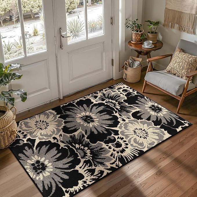 Findosom Washable Area Rug 3x5, Non Slip High-Low Textured Floral Rugs for Bedroom with Rubber Backing, Boho Carpet for Living Room, Kitchen, Entryway, Laundry, Black & Beige