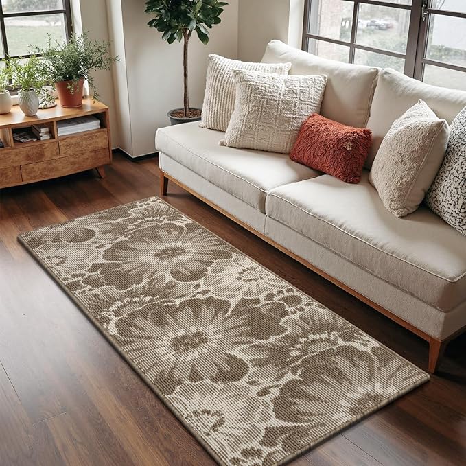Findosom Hallway Runner Rug 2x6, Non Slip High-Low Textured Floral Washable Runner Rug with Rubber Backing, Boho Carpet Runner for Kitchen, Entryway, Bedroom, Laundry, Brown